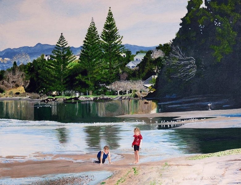 "Kids Playing At Omokoroa Beach" Original NZ Acrylic Painting by Deidre Eichler