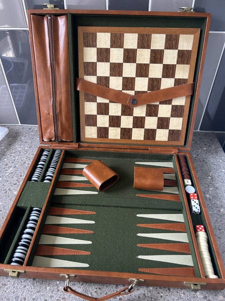 Vintage 80s Backgammon, Chess and Goban Set in Classic Deluxe Brown Briefcase Carousel 1