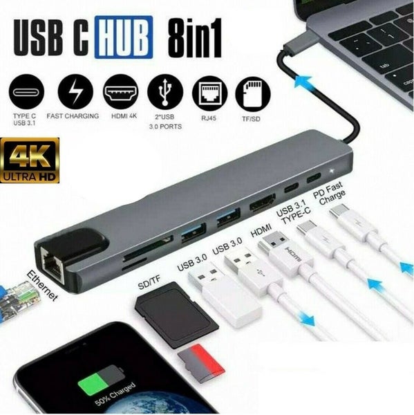 8 in 1 USB-C HUB Type-C USB Multi 3.0 4K HDMI RJ45 Ethernet Micro SD TF OTG Carousel 1