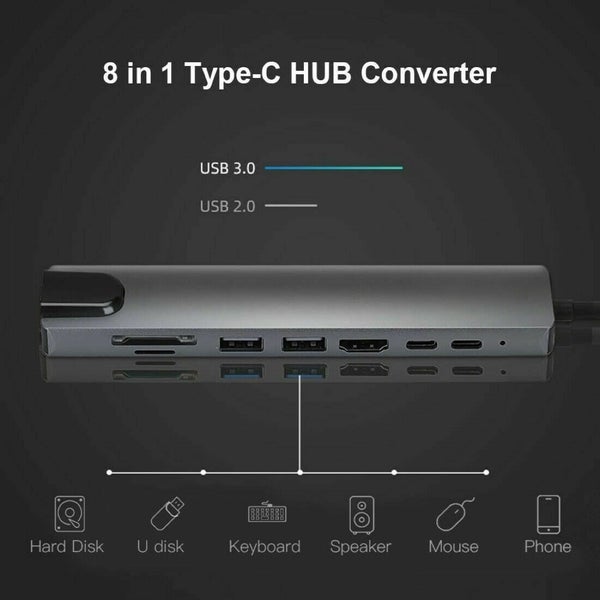 8 in 1 USB-C HUB Type-C USB Multi 3.0 4K HDMI RJ45 Ethernet Micro SD TF OTG Carousel 10