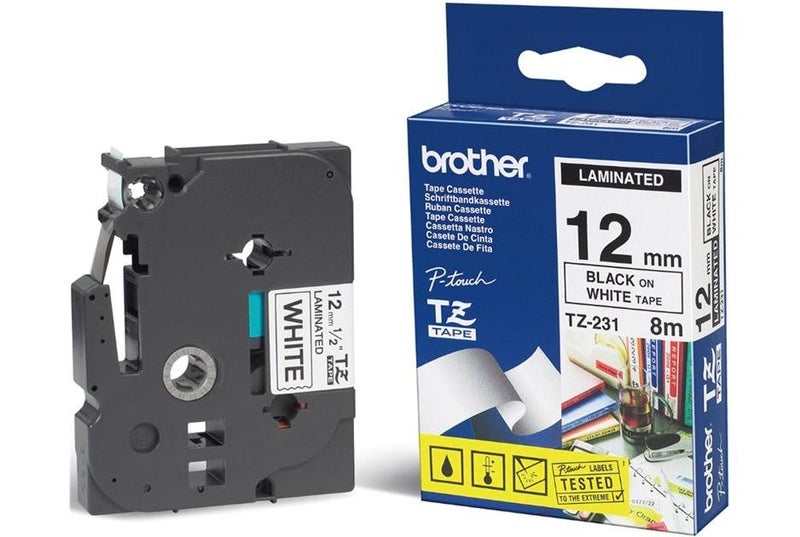 Brother 12mm Black on White TZE Tape Carousel 1