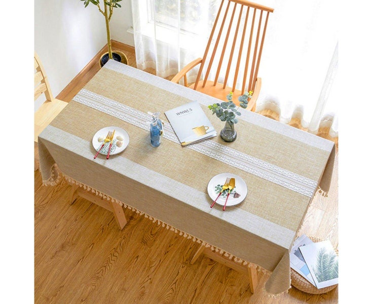 55x55in Waterproof Tablecloth Embroidered Burlap Tassel Linen - Rectan Carousel 1