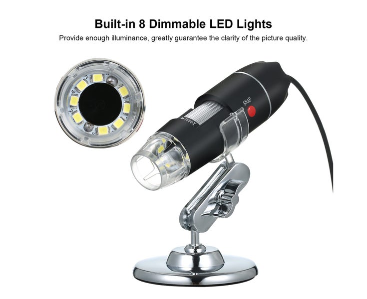 USB Digital Microscope 1600X Magnification Camera 8 LEDs with Stand Po Carousel 6