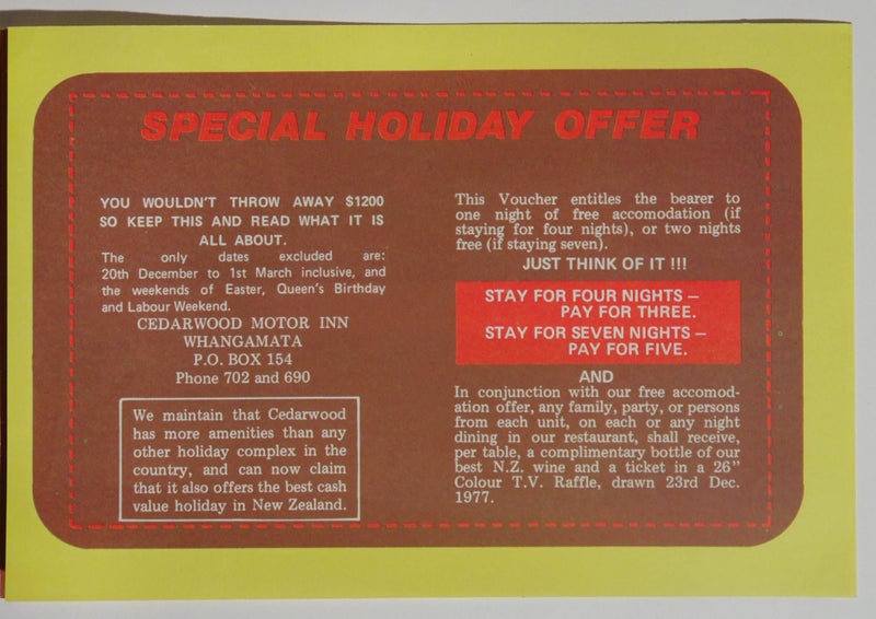 OLD NZ TOURISM ADVERTISING - WHANGAMATA CEDARWOOD MOTOR INN Carousel 3