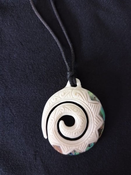 Bone Carving Koru Pendant with Paua detail in Giftbox Carousel 1