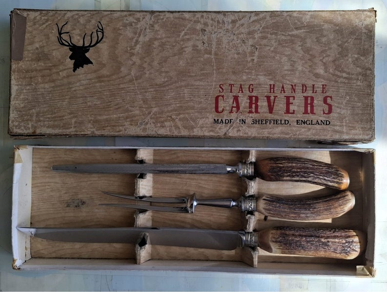 Stag Handle Carvers - antler bone handled boxed carving set Carousel 2