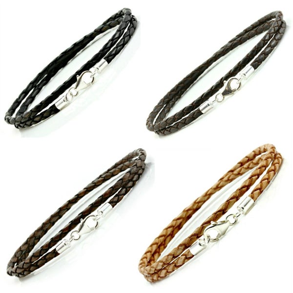 MENS LEATHER BRACELET DOUBLE BRAIDED STERLING SILVER 925 Carousel 1