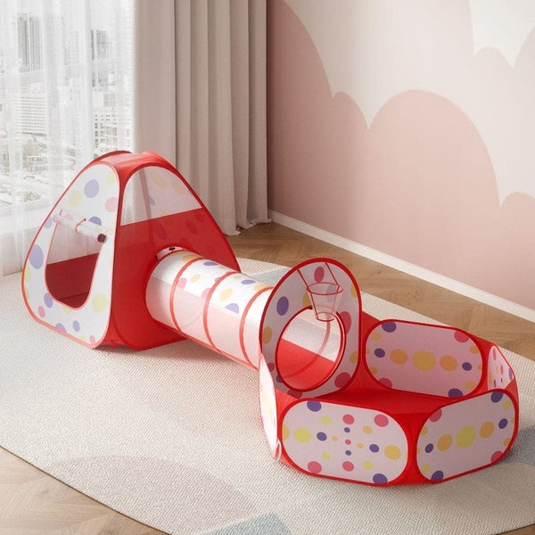 Kids Playhouse Play Tent Pop Up Teepee Ball Pit Tunnel Basketball Hoop Red Carousel 7
