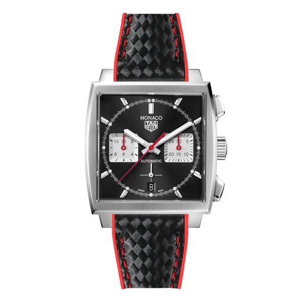 Ezra Leather Rubber Performance Hybrid Watch Band for TAG Heuer Monaco - Red ... Carousel 1