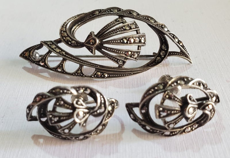 Antique German Art Deco Sterling Silver & Marcasite Brooch/Earrings Carousel 1