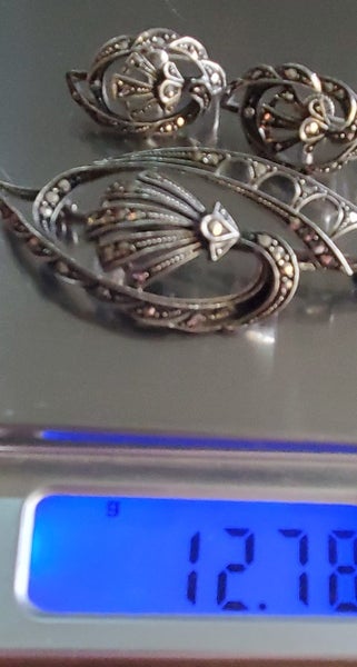 Antique German Art Deco Sterling Silver & Marcasite Brooch/Earrings Carousel 8