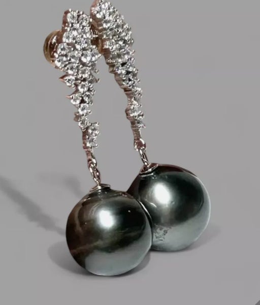 Round 12.2mm Peacock Grey Green Tahitian Pearl Earrings Carousel 2