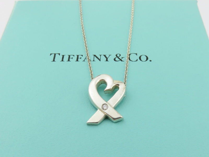 TIFFANY & CO Sterling Silver Diamond Loving Heart Pendant Necklace Carousel 1