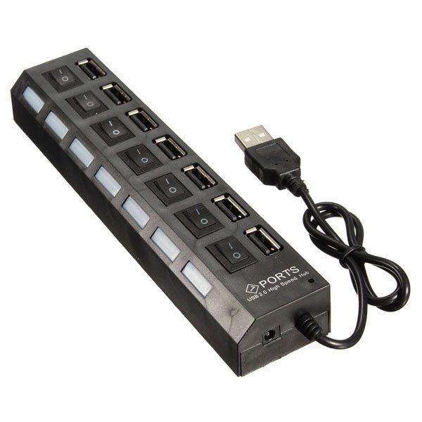 7 Port USB 2.0 Hub + AC Power Adapter ON/OFF Switch For PC Laptop MAC - BLACK Carousel 1