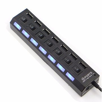 7 Port USB 2.0 Hub + AC Power Adapter ON/OFF Switch For PC Laptop MAC - BLACK Carousel 2