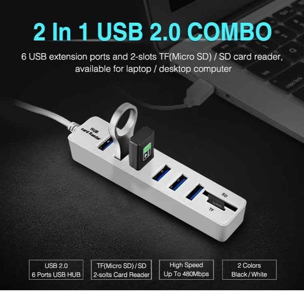 USB 2.0 Hub USB Splitter High Speed 6 Ports with TF SD Card Reader - 2 - WHITE Carousel 2