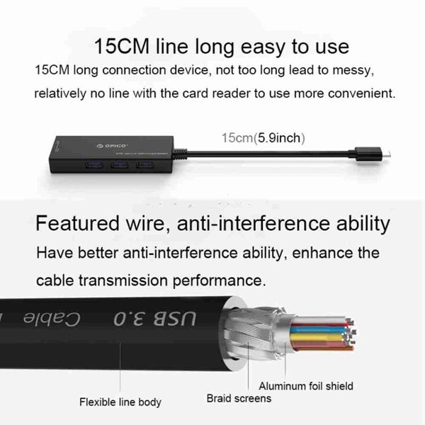 3 Ports USB 3.0 USB-C / Type-C Card Reader HUB with 15cm Cable(Black) Carousel 3