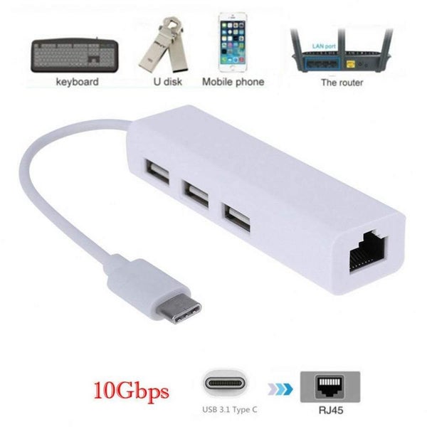 USB 3.1 Type C to USB RJ45 Ethernet Lan Adapter Hub Cable for Macbook PC white Carousel 2