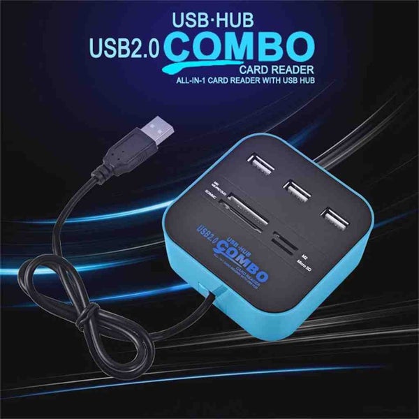 USB 2.0 Hub 3 Ports with Card Reader Mini Hub USB Combo All in One FW3 - BLUE Carousel 2