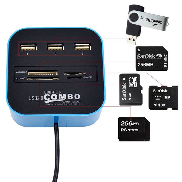 USB Splitter Combo Support Micro TF SD M2 MS SDHC MMC Card for PC Laptop - BLUE Carousel 2