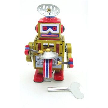 Playing Robot Reminiscence Children Kids Tin Toys With Key - GOLD Carousel 1