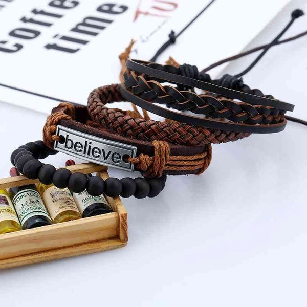 Believe Words Charm Multilayer Weave Beaded Bracelet for Men - 1 - 3PCS Carousel 2