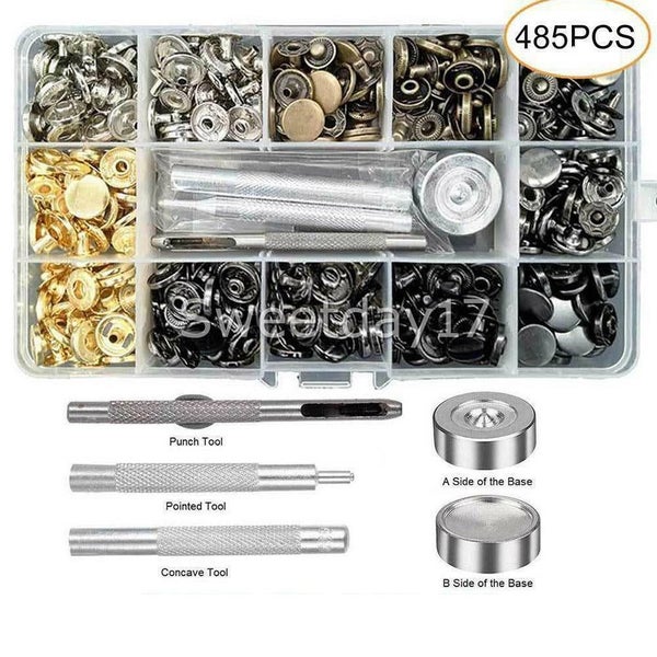 485pcs/Set Metal Snap Fasteners Kit Press Studs Buttons Tool Craft for Leather Carousel 1