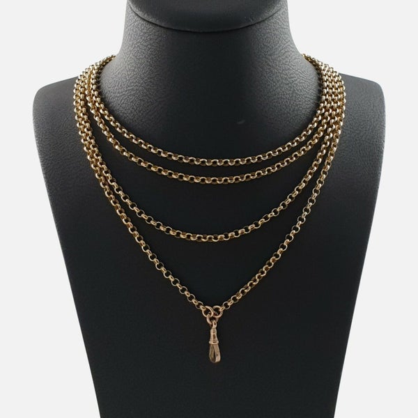 Antique Victorian 9ct Gold Belcher Long Guard Muff Chain Necklace with Dogclip Carousel 1