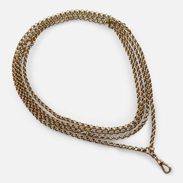 Antique Victorian 9ct Gold Belcher Long Guard Muff Chain Necklace with Dogclip Carousel 2