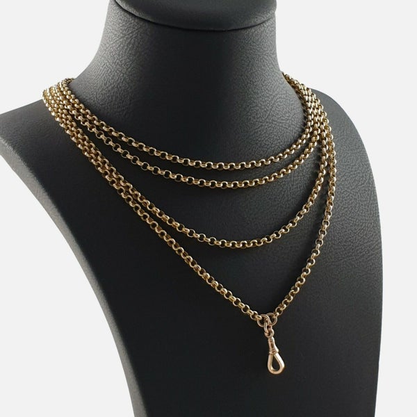 Antique Victorian 9ct Gold Belcher Long Guard Muff Chain Necklace with Dogclip Carousel 9