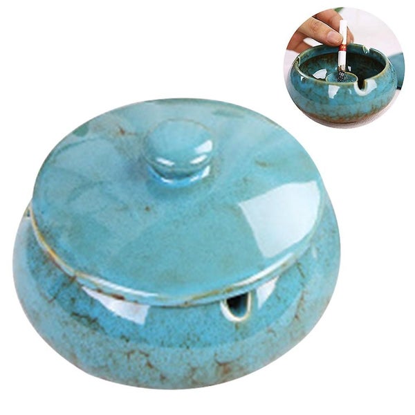Ashtray, Outdoor Ash Tray For Patio With Lid, Windproof Ashtrays Blue Carousel 2