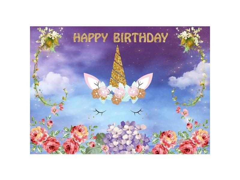 Flowers Rainbow Custom Name Unicorn Background Birthday Vinyl Backdrop For Baby Carousel 1