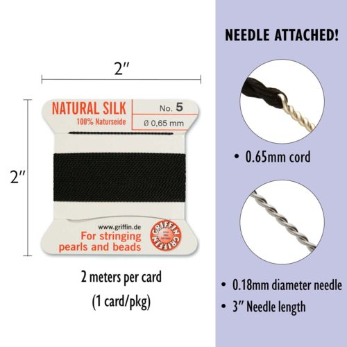Griffin 100% Natural Pure Silk Bead Cord - Black No. 5 - 0.65 mm Carousel 4