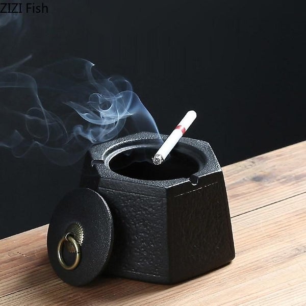 Black pottery ceramic art ashtray with cover windproof large living room office Carousel 1