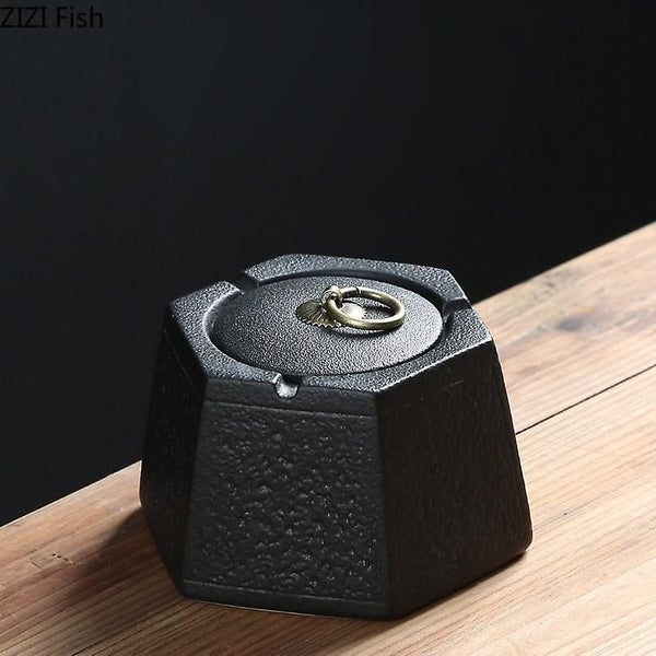 Black pottery ceramic art ashtray with cover windproof large living room office Carousel 2