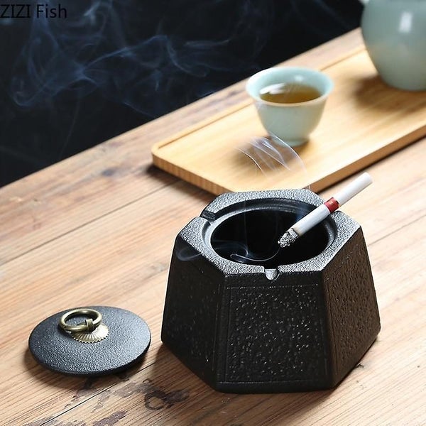 Black pottery ceramic art ashtray with cover windproof large living room office Carousel 5