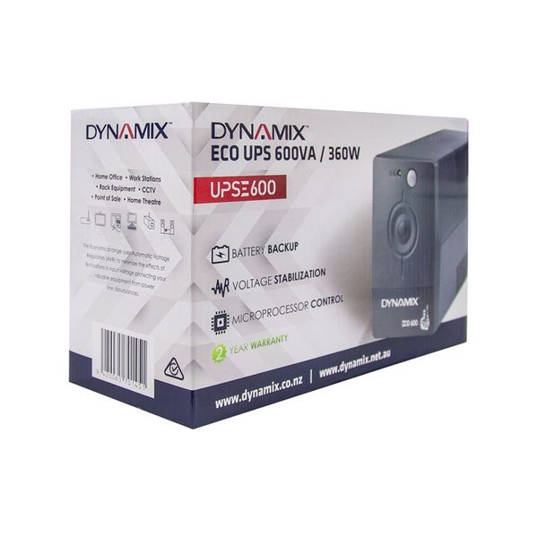 Dynamix UPSE600 ECO Range 600VA (360W) Line Interactive UPS. 2x NZ Power Sockets Carousel 3