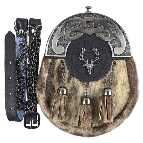 Traditional Scottish Men Kilt Sporran Stag Head Rabbit Fur Sporran for Men Carousel 1