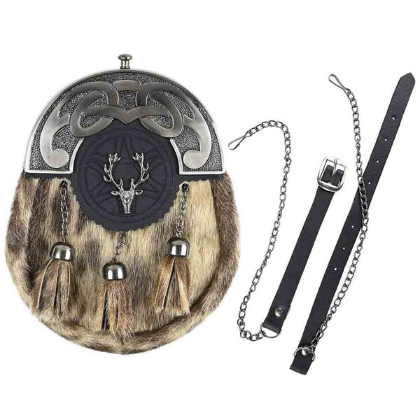 Traditional Scottish Men Kilt Sporran Stag Head Rabbit Fur Sporran for Men Carousel 2