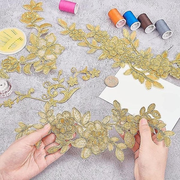 2 Pcs Embroidery Lace Flower Patches Sew-on Iron-on Patches Golden Floral Lac Carousel 2