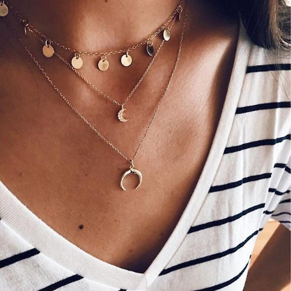 2pc Gold Glitter Sun And Moon Pendant Choker Necklace With Crystal For Women A Carousel 5