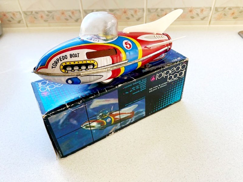 Vintage Torpedo Boat Friction Tin Toy in Box. Rare. Carousel 1