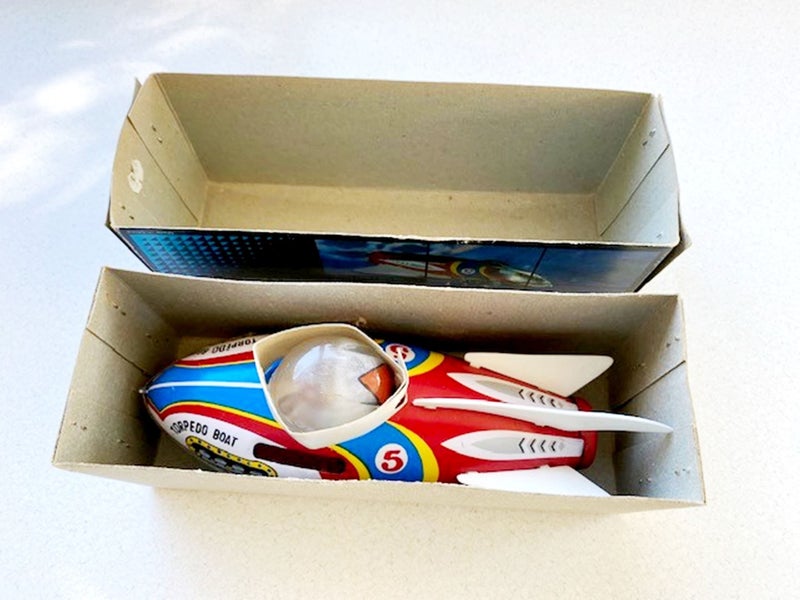 Vintage Torpedo Boat Friction Tin Toy in Box. Rare. Carousel 8