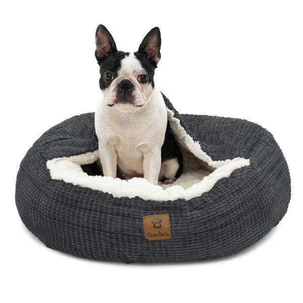Charlie's Snookie Hooded Calming Dog Bed Charcoal Extra Large Carousel 1