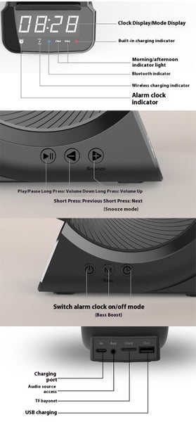 Bluetooth Speaker Wireless Charger Stand with Clock Radio for Phones - Black Carousel 9