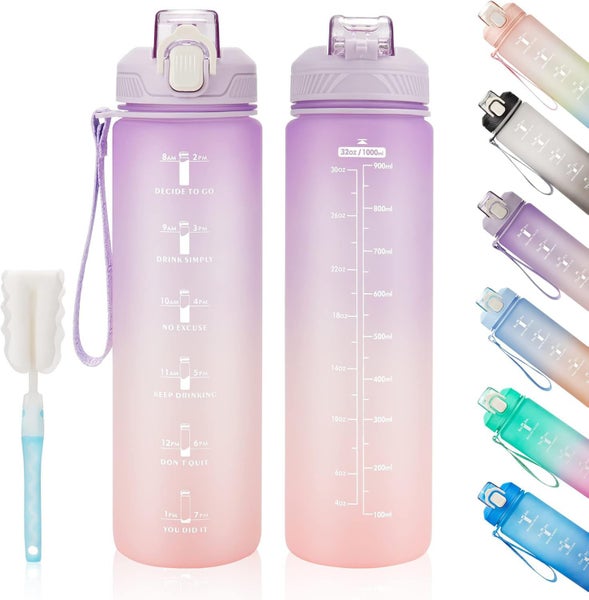 Motivational Water Bottle 32oz with Time Marker, Leakproof Sports Bottle-Purple Carousel 1