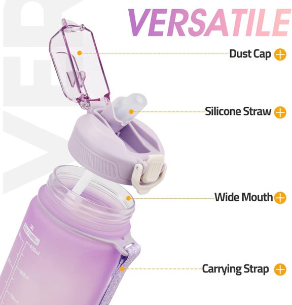 Motivational Water Bottle 32oz with Time Marker, Leakproof Sports Bottle-Purple Carousel 2