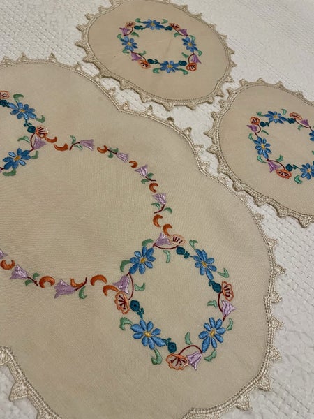 A set of 3 fabulous vintage hand embroidered Linen dresser cloths Carousel 1
