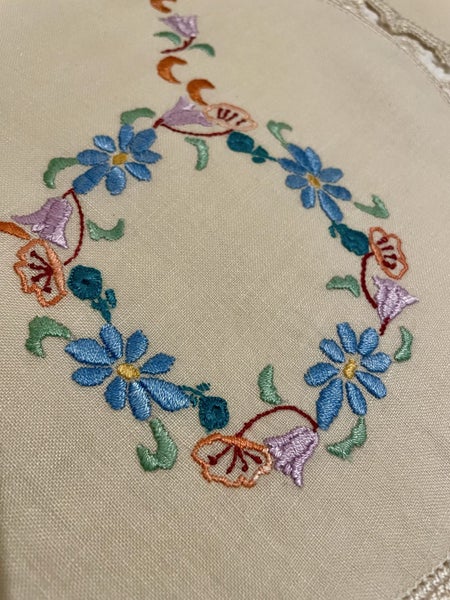 A set of 3 fabulous vintage hand embroidered Linen dresser cloths Carousel 2