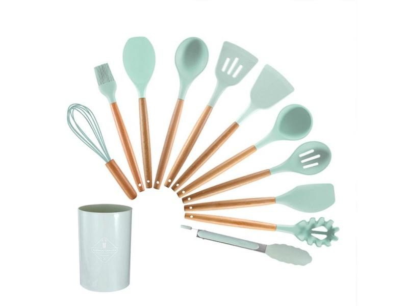 Cooking Silicone Kitchen Tool Set 12-Piece W/Light Wood Handle Silicone Brush Carousel 1
